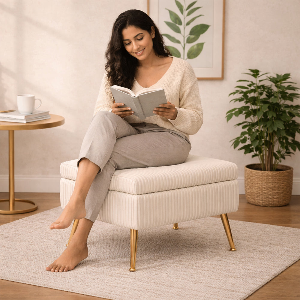 Ribora Off-White Velvet Storage Ottoman