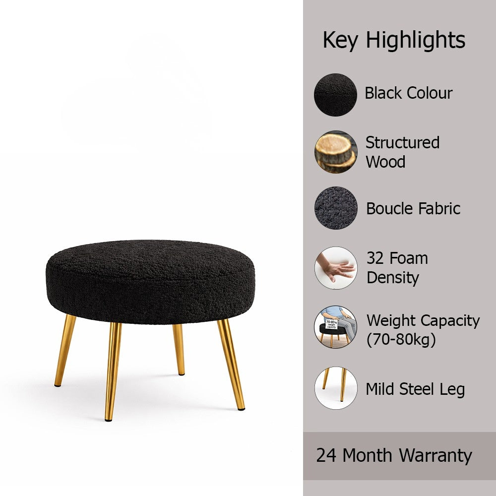 Luna Black Bouclé Round Wooden Ottoman