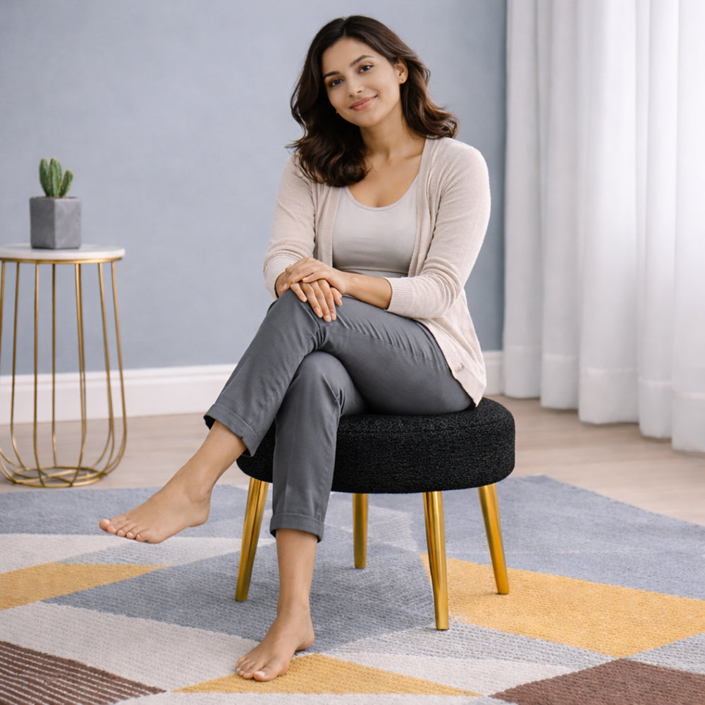 Luna Black Bouclé Round Wooden Ottoman