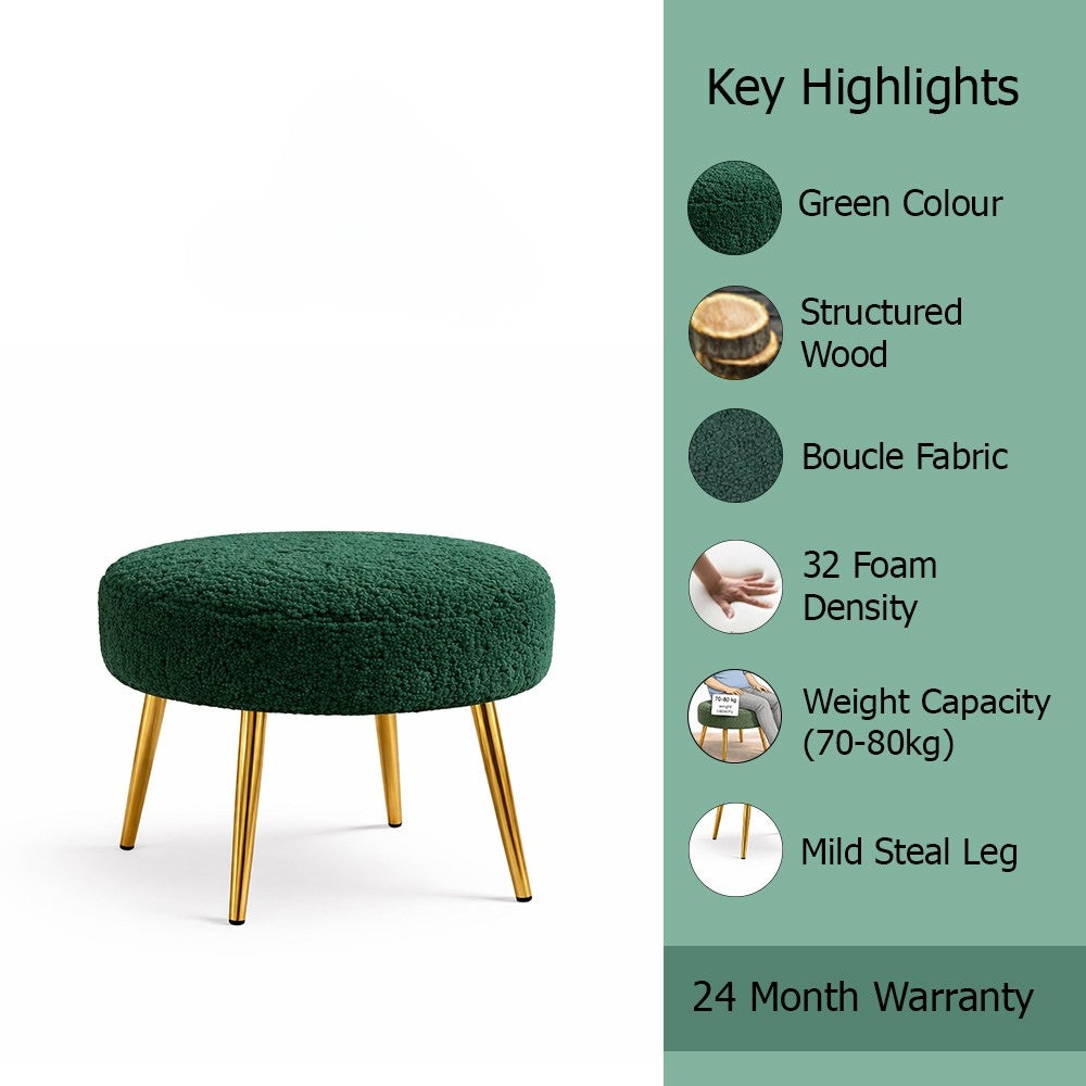 Luna Green Bouclé Round Wooden Ottoman