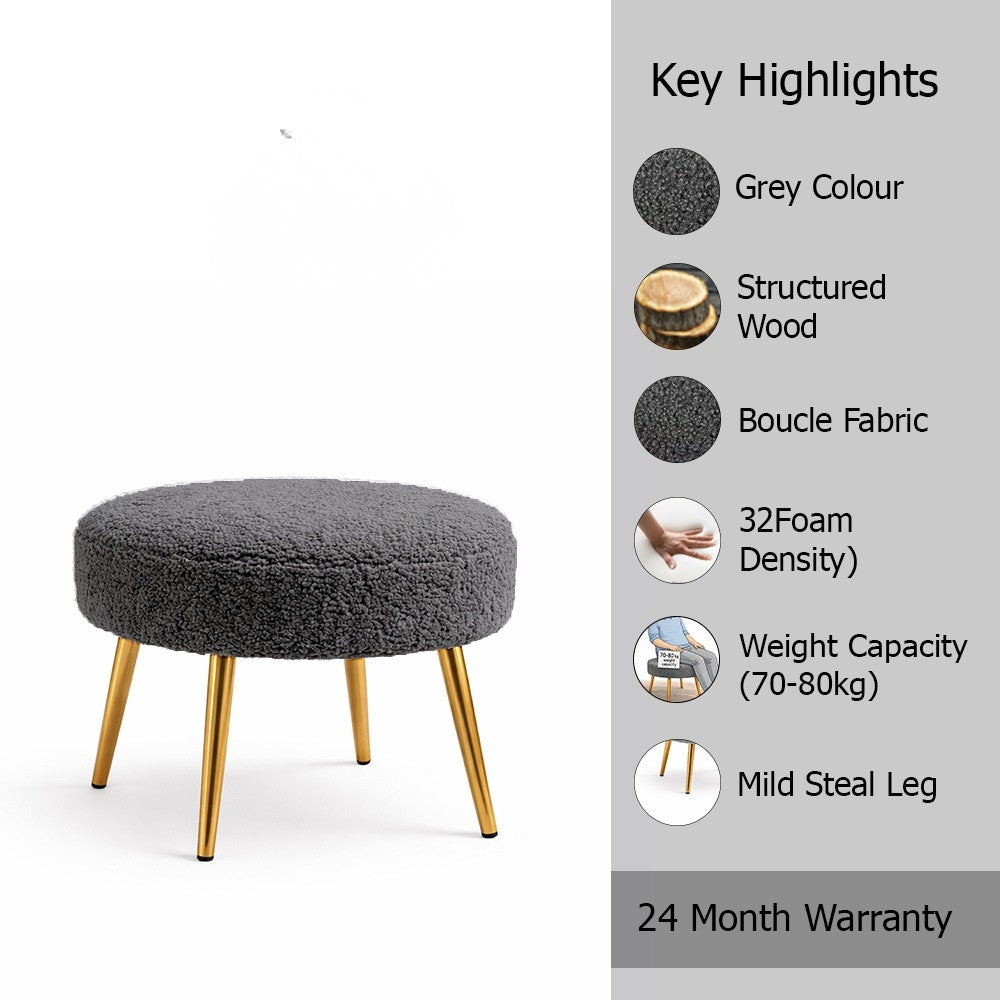 Luna Grey Bouclé Round Wooden Ottoman