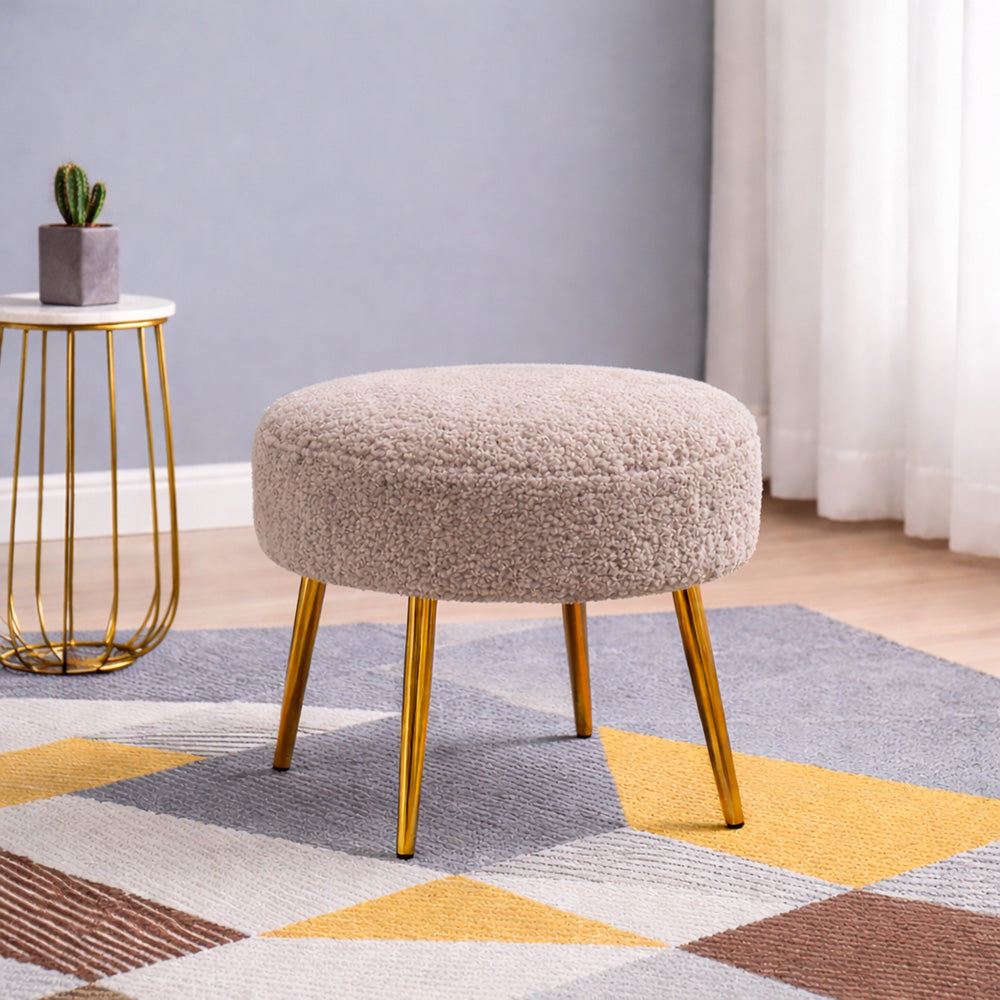 Luna Beige Bouclé Round Wooden Ottoman