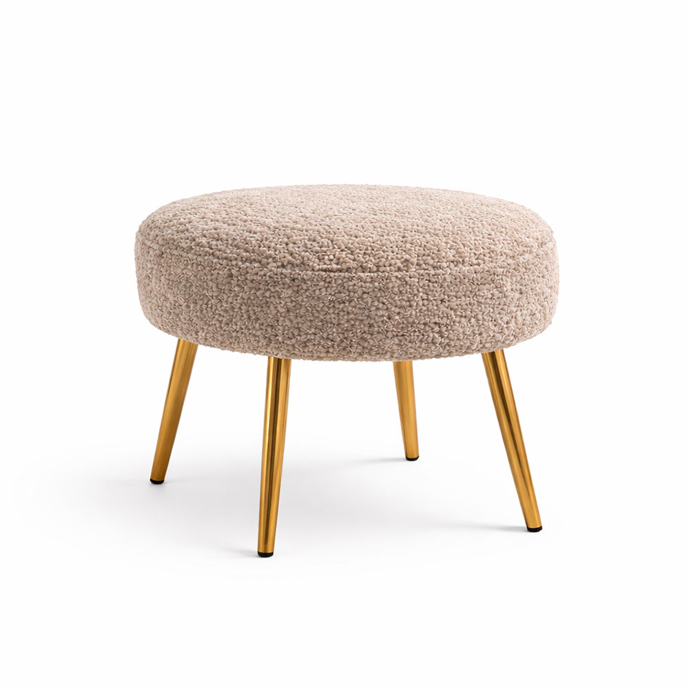 Luna Beige Bouclé Round Wooden Ottoman