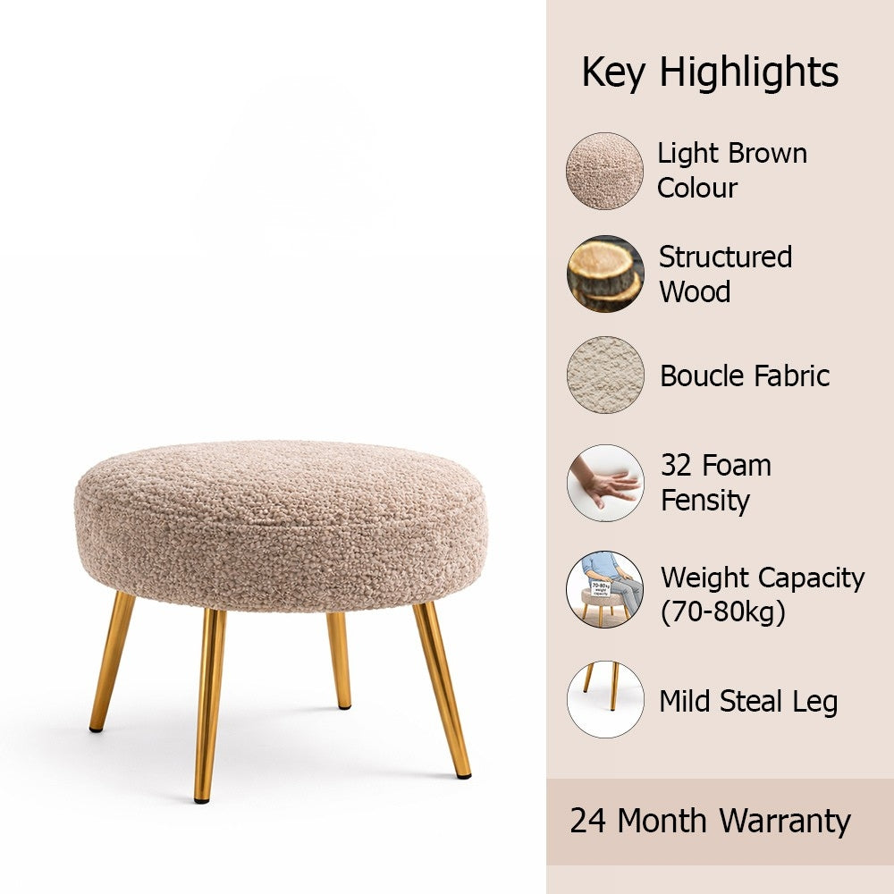Luna Beige Bouclé Round Wooden Ottoman