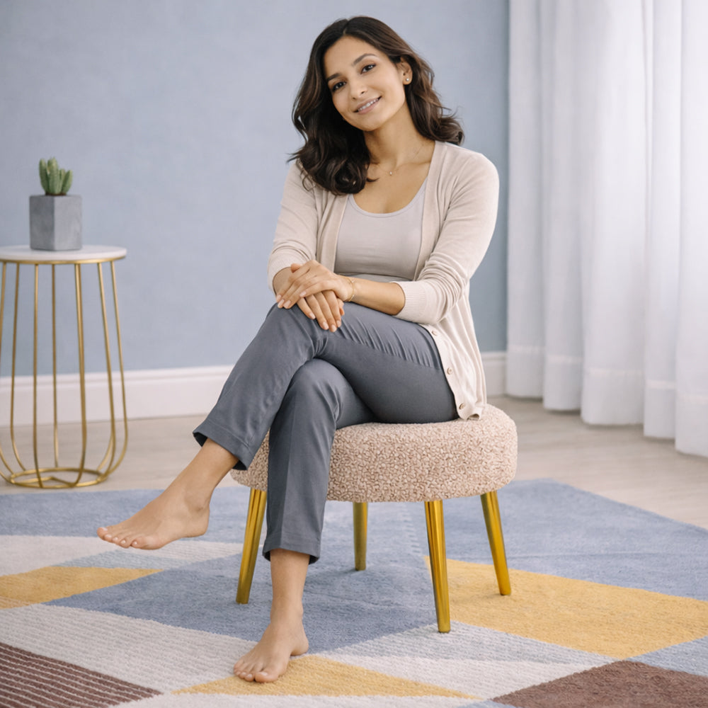 Luna Beige Bouclé Round Wooden Ottoman