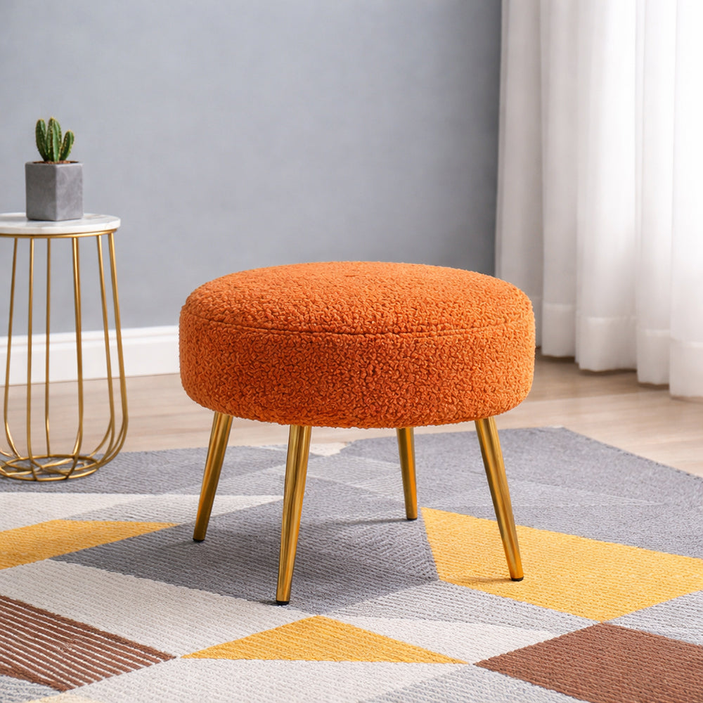 Luna Orange Bouclé Round Wooden Ottoman