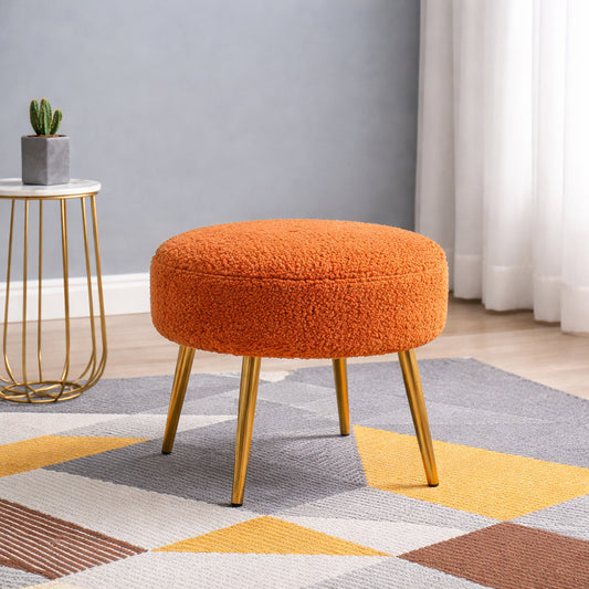 Luna Orange Bouclé Round Wooden Ottoman