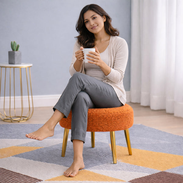 Luna Orange Bouclé Round Wooden Ottoman