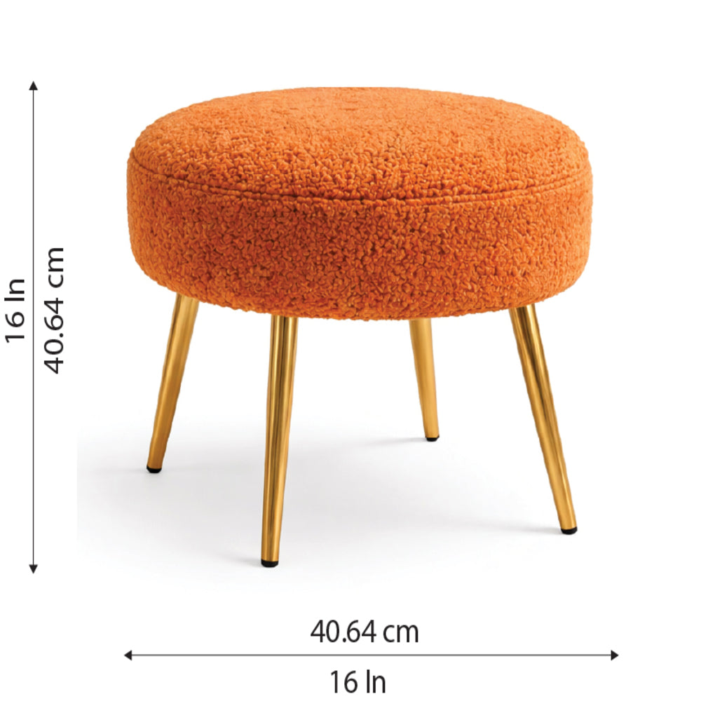 Luna Orange Bouclé Round Wooden Ottoman