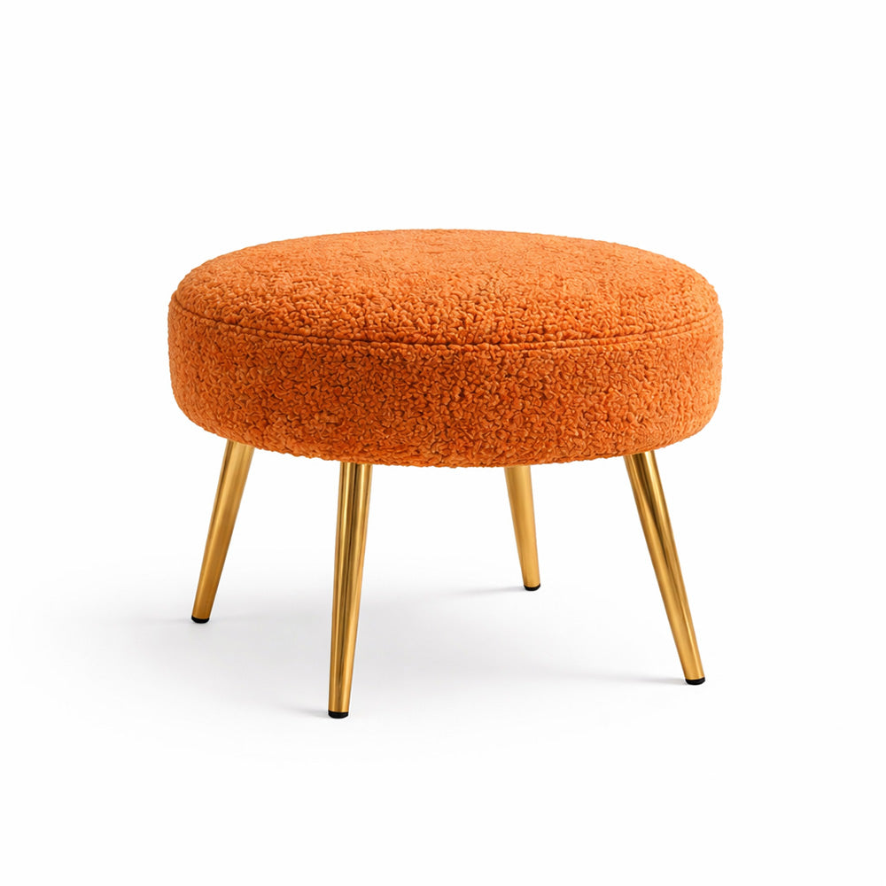 Luna Orange Bouclé Round Wooden Ottoman