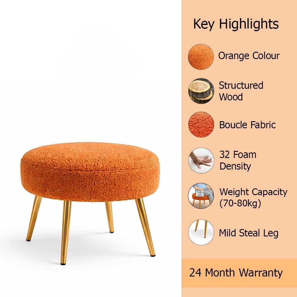 Luna Orange Bouclé Round Wooden Ottoman