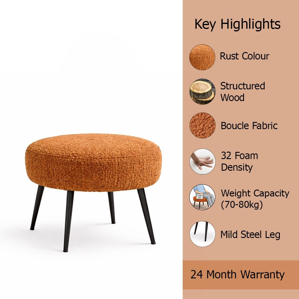 Lex Rust Bouclé Round Wooden Ottoman