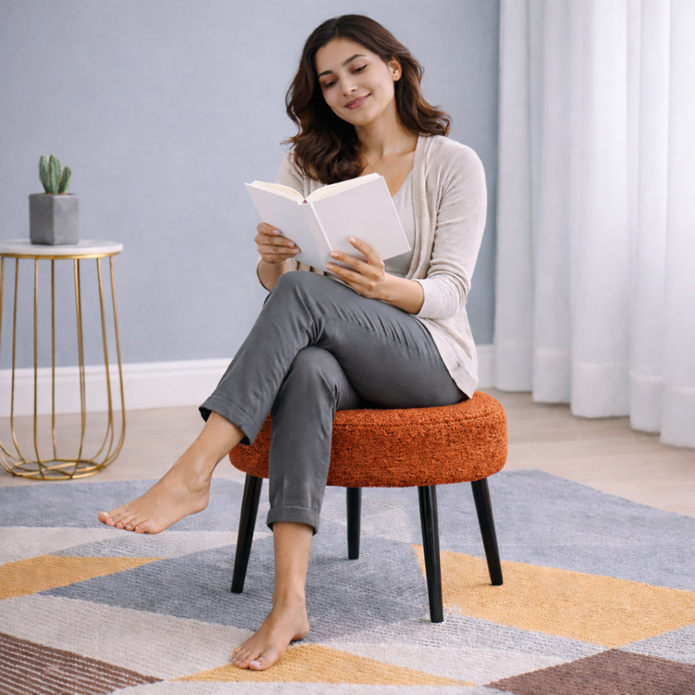 Lex Rust Bouclé Round Wooden Ottoman