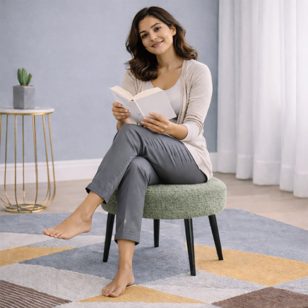 Lex Sage Bouclé Round Wooden Ottoman