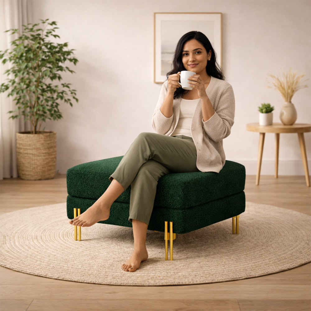 Monarch Green Bouclé Wooden Ottoman