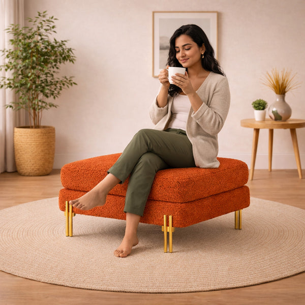 Monarch Orange Bouclé Wooden Ottoman