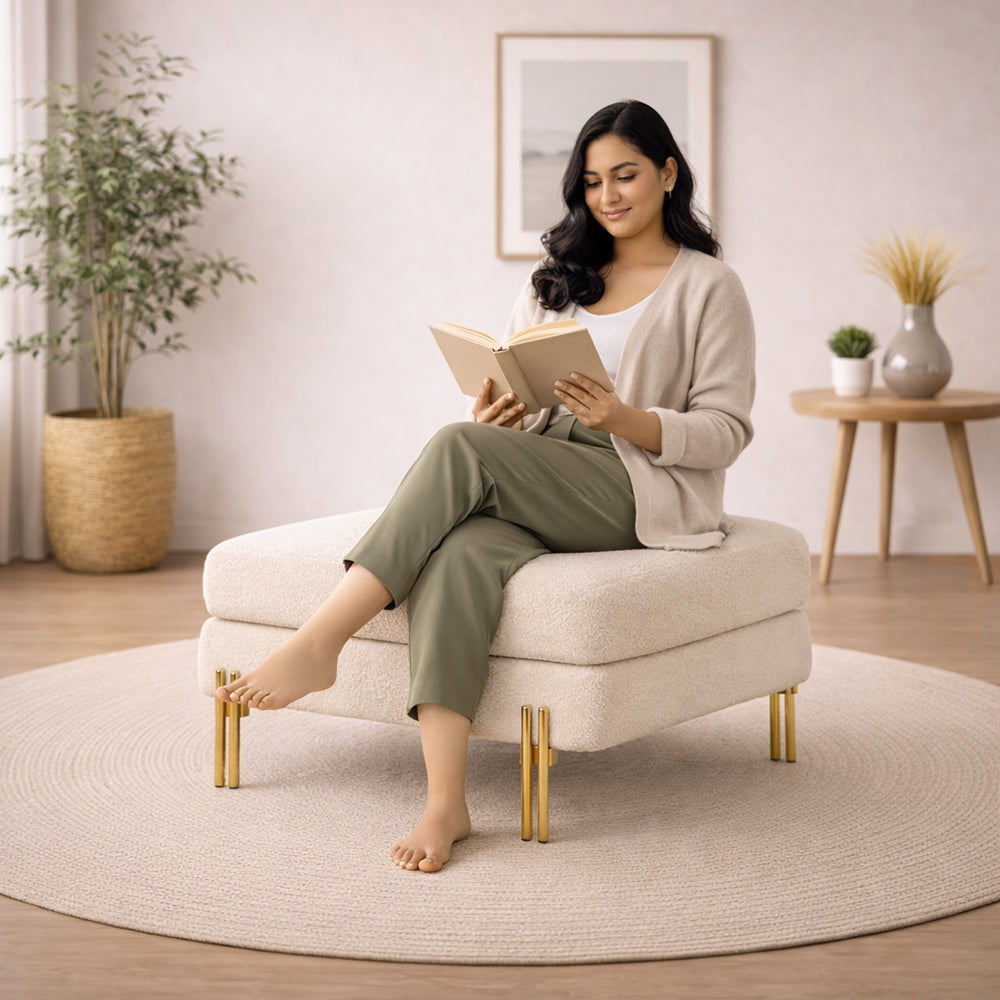 Monarch White Bouclé Wooden Ottoman