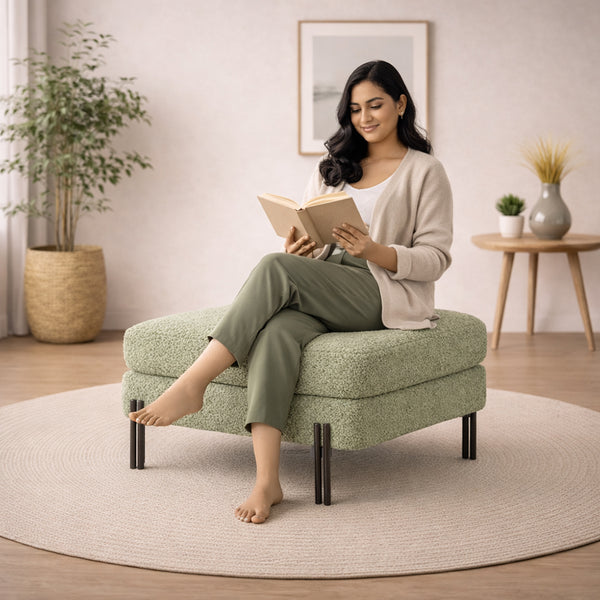 Vertex Sage Bouclé Wooden Ottoman