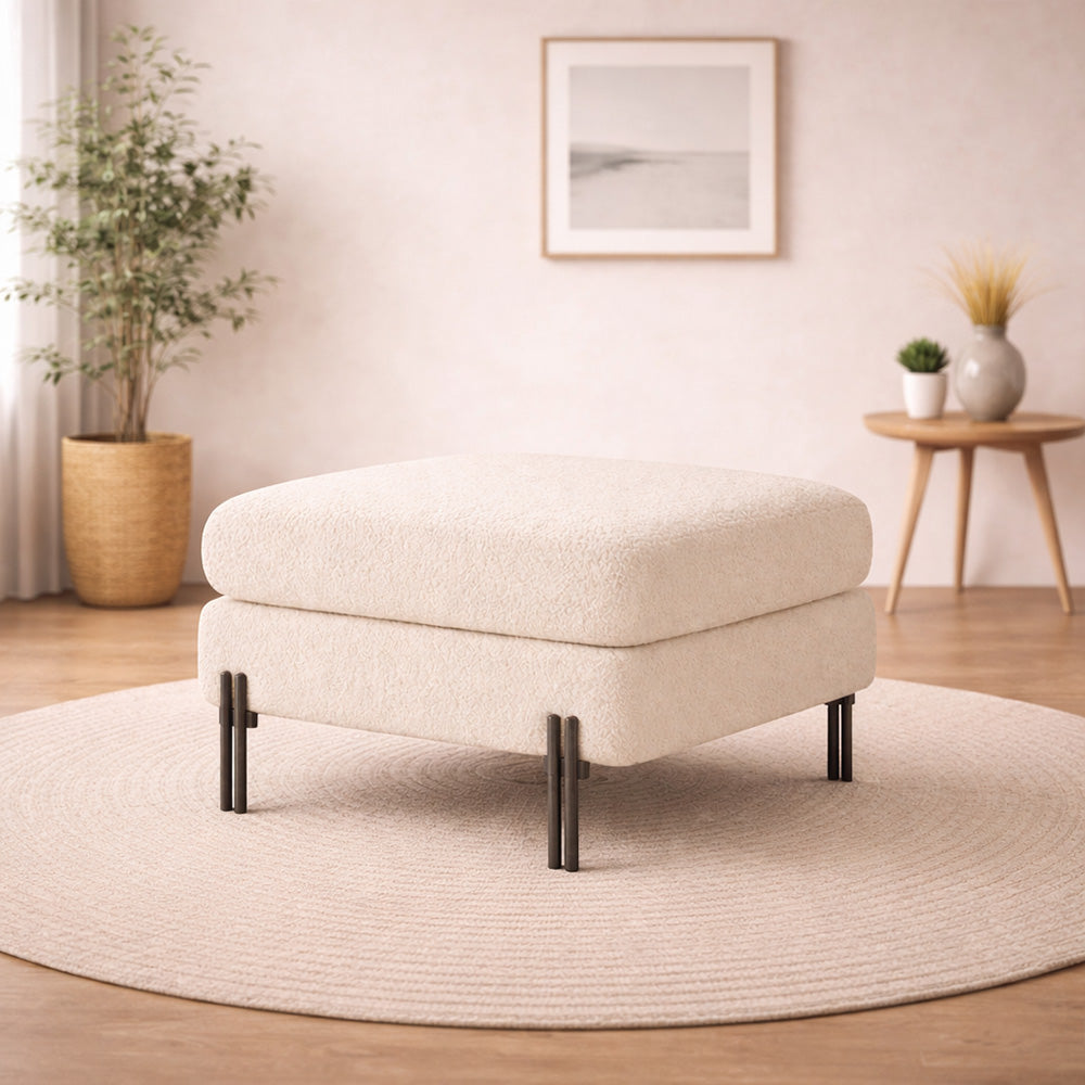 Vertex White Bouclé Wooden Ottoman