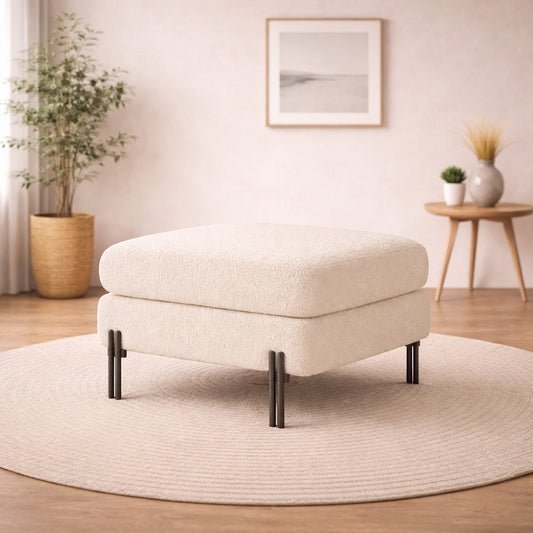 Vertex White Bouclé Wooden Ottoman