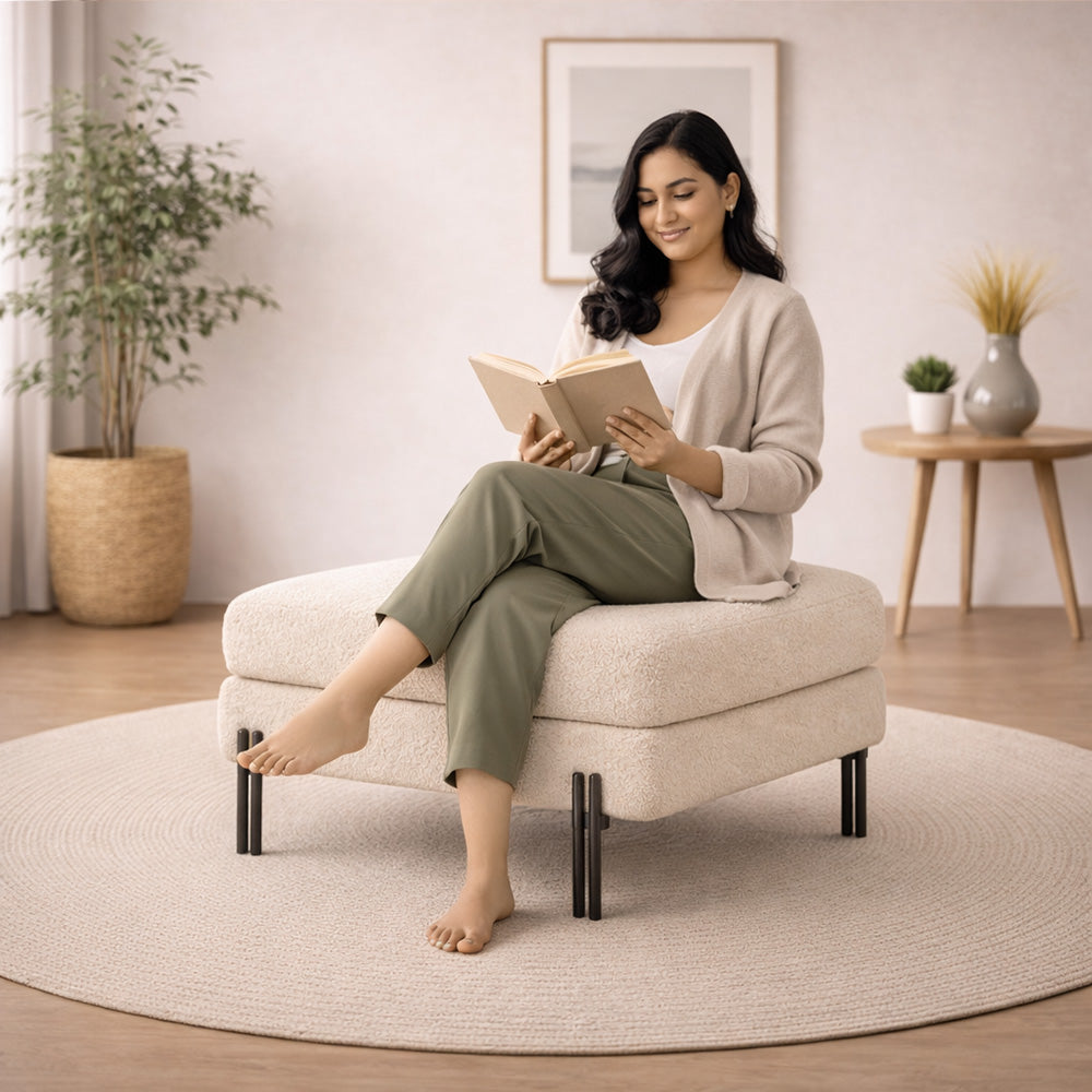 Vertex White Bouclé Wooden Ottoman