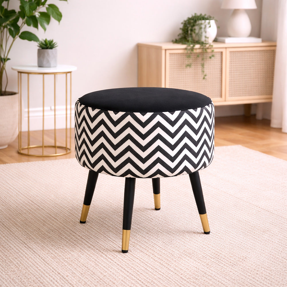 Zik Zak Black Round Wooden Ottoman
