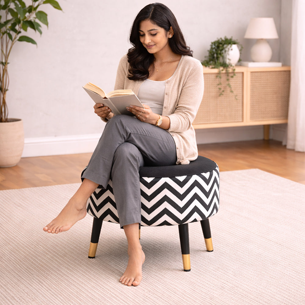 Zik Zak Black Round Wooden Ottoman