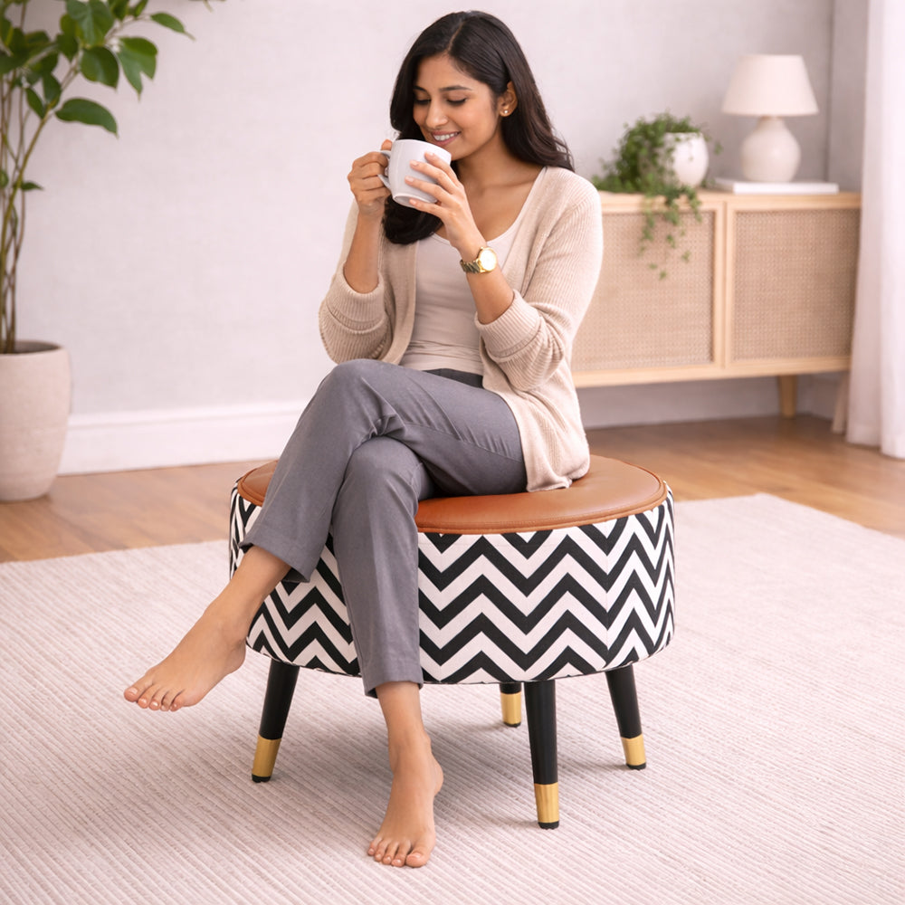 Zik Zak Camel Round Wooden Ottoman