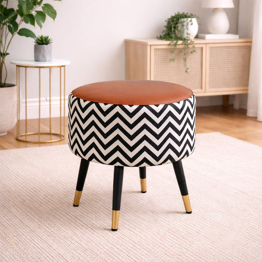 Zik Zak Tan Round Wooden Ottoman
