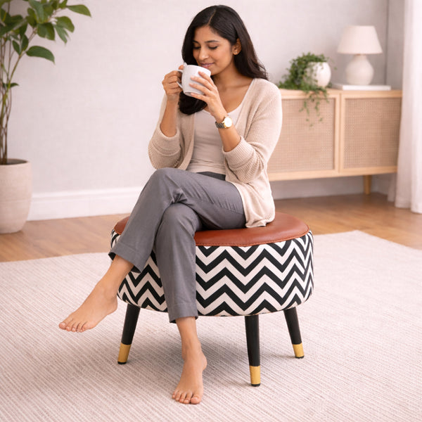 Zik Zak Tan Round Wooden Ottoman