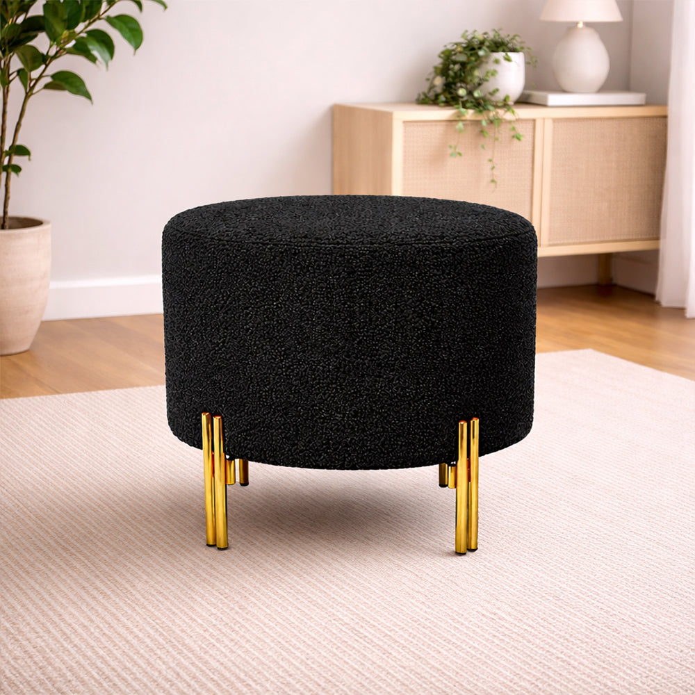 Noble Black Bouclé Round Wooden Ottoman