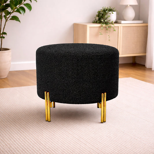 Noble Black Bouclé Round Wooden Ottoman