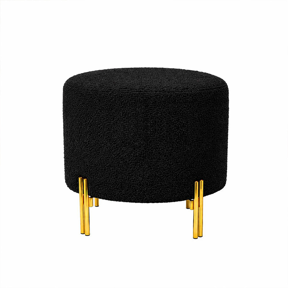 Noble Black Bouclé Round Wooden Ottoman