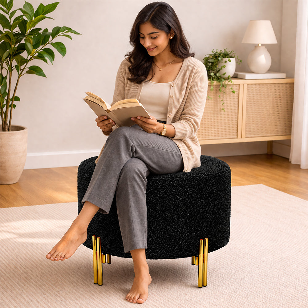 Noble Black Bouclé Round Wooden Ottoman