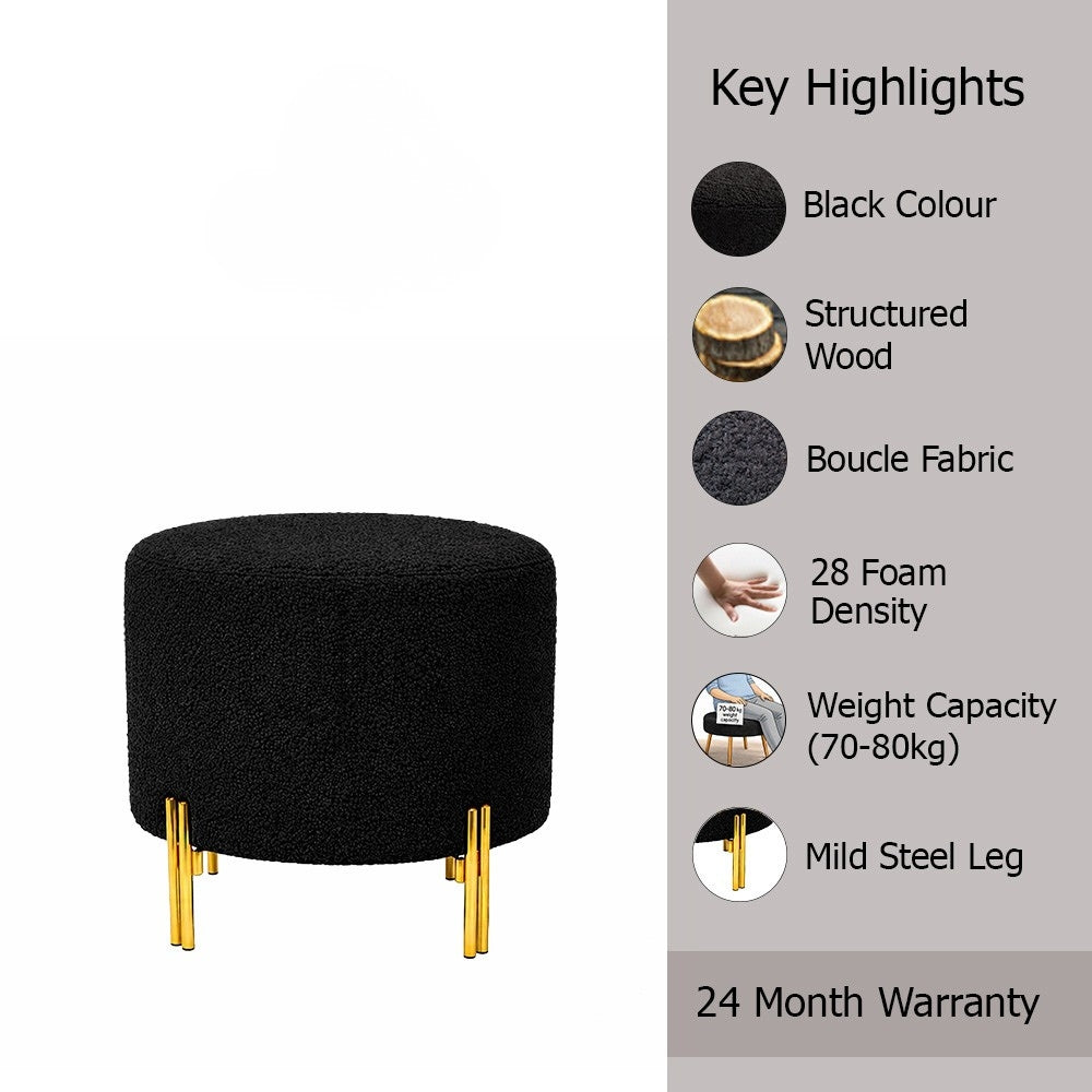 Noble Black Bouclé Round Wooden Ottoman