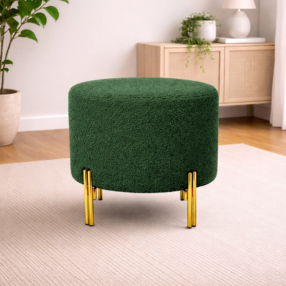 Noble Green Bouclé Round Wooden Ottoman
