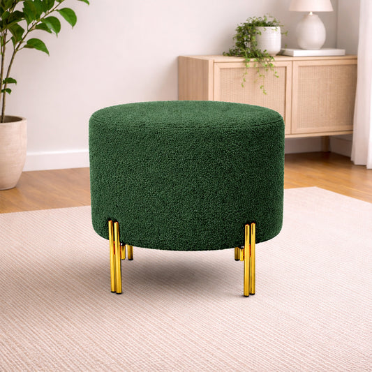 Noble Green Bouclé Round Wooden Ottoman