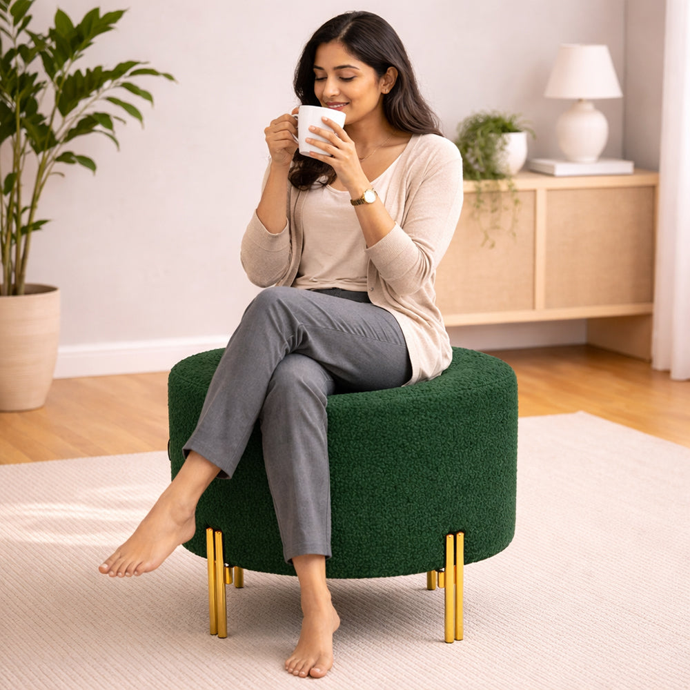 Noble Green Bouclé Round Wooden Ottoman
