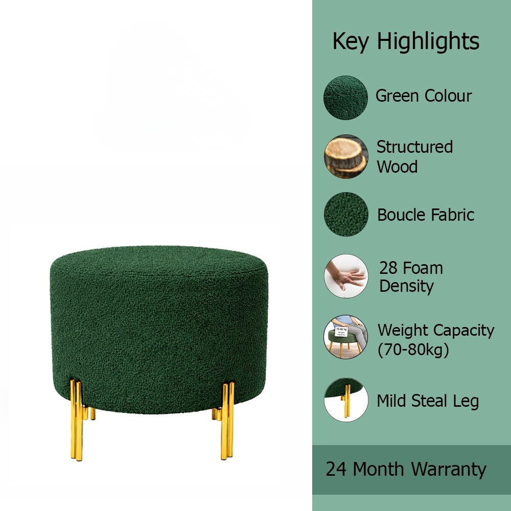 Noble Green Bouclé Round Wooden Ottoman