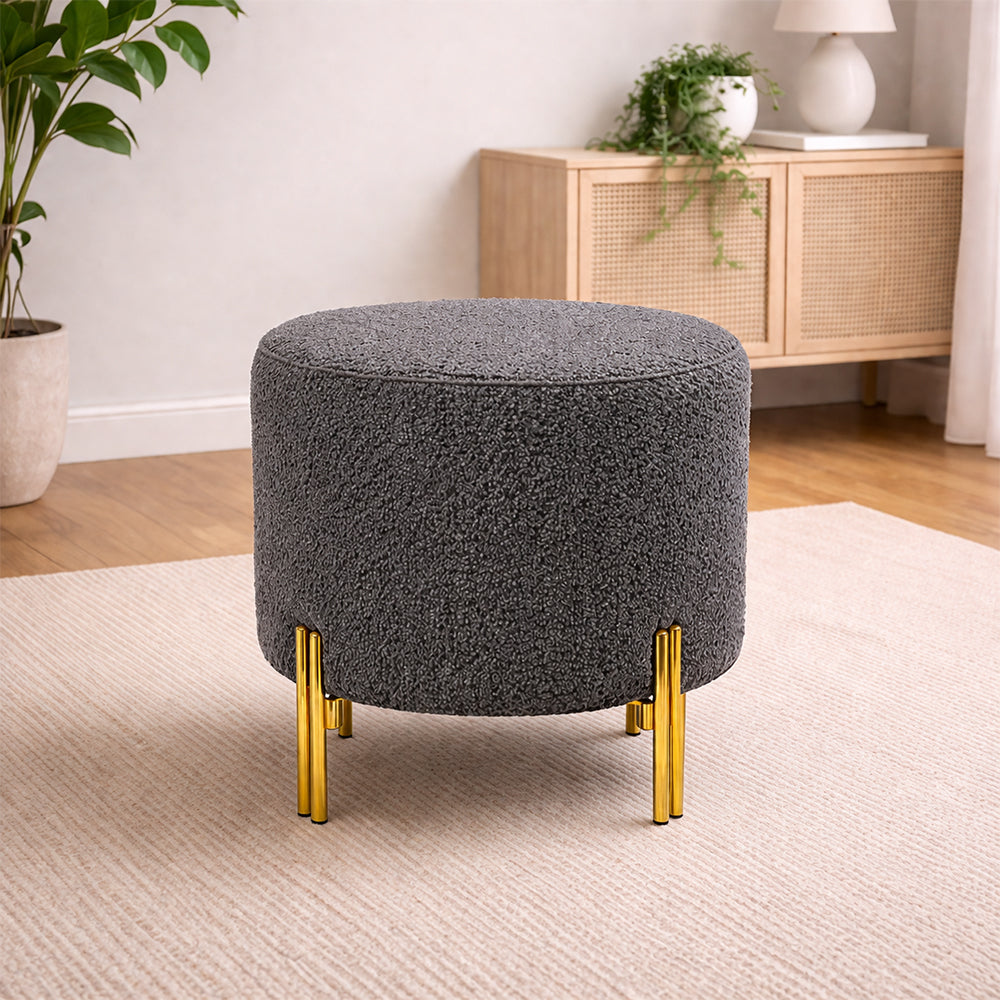 Noble Grey Bouclé Round Wooden Ottoman