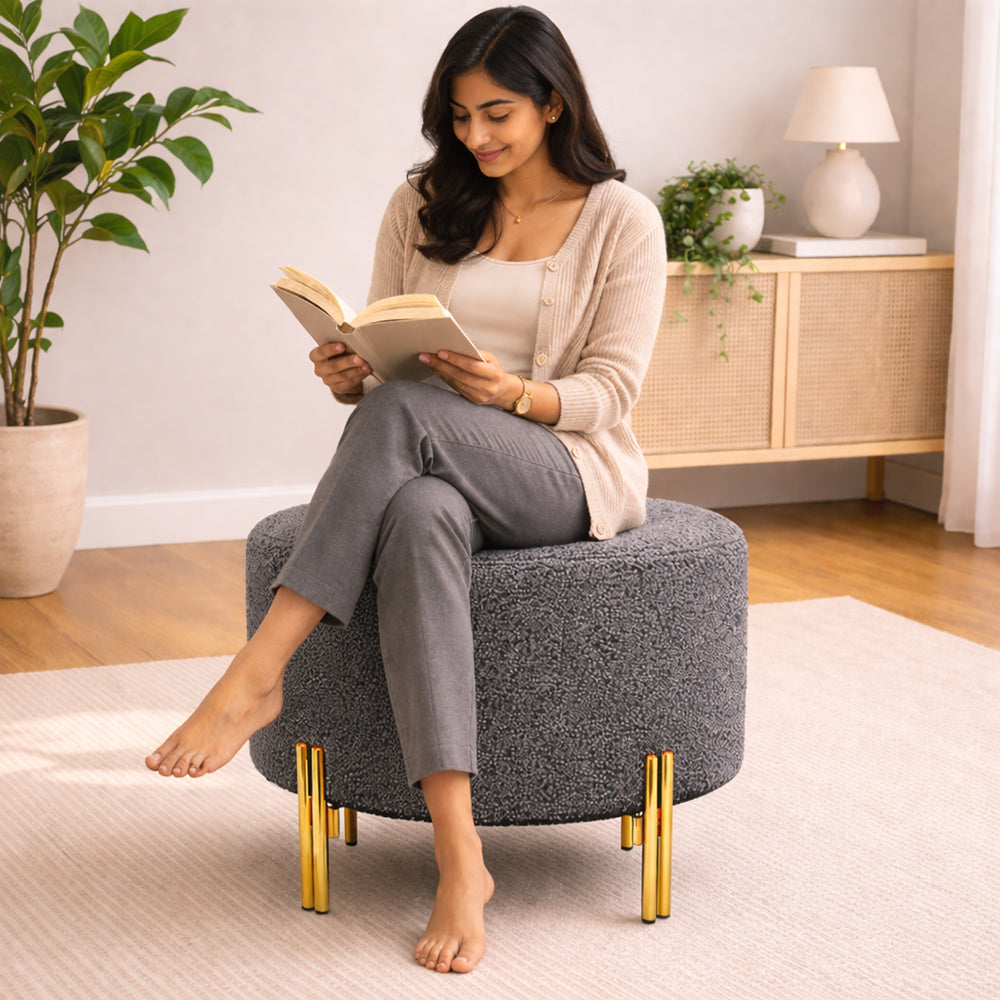 Noble Grey Bouclé Round Wooden Ottoman
