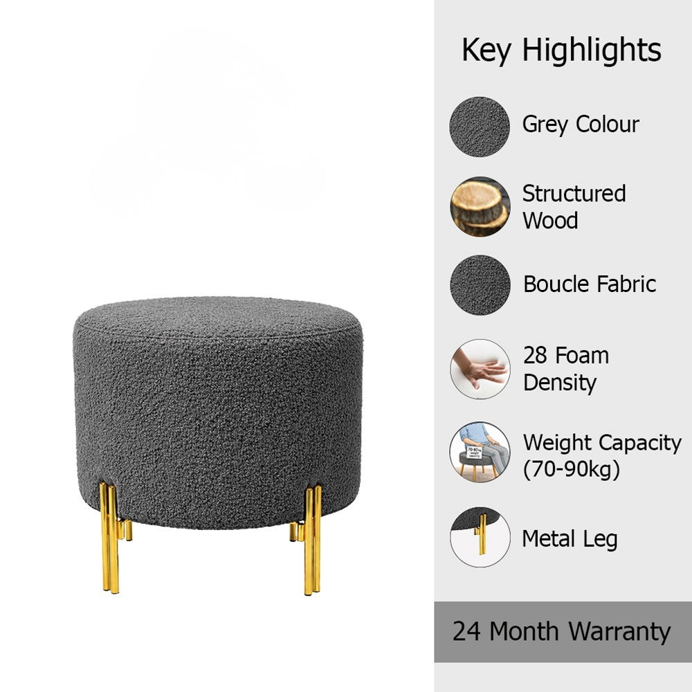 Noble Grey Bouclé Round Wooden Ottoman