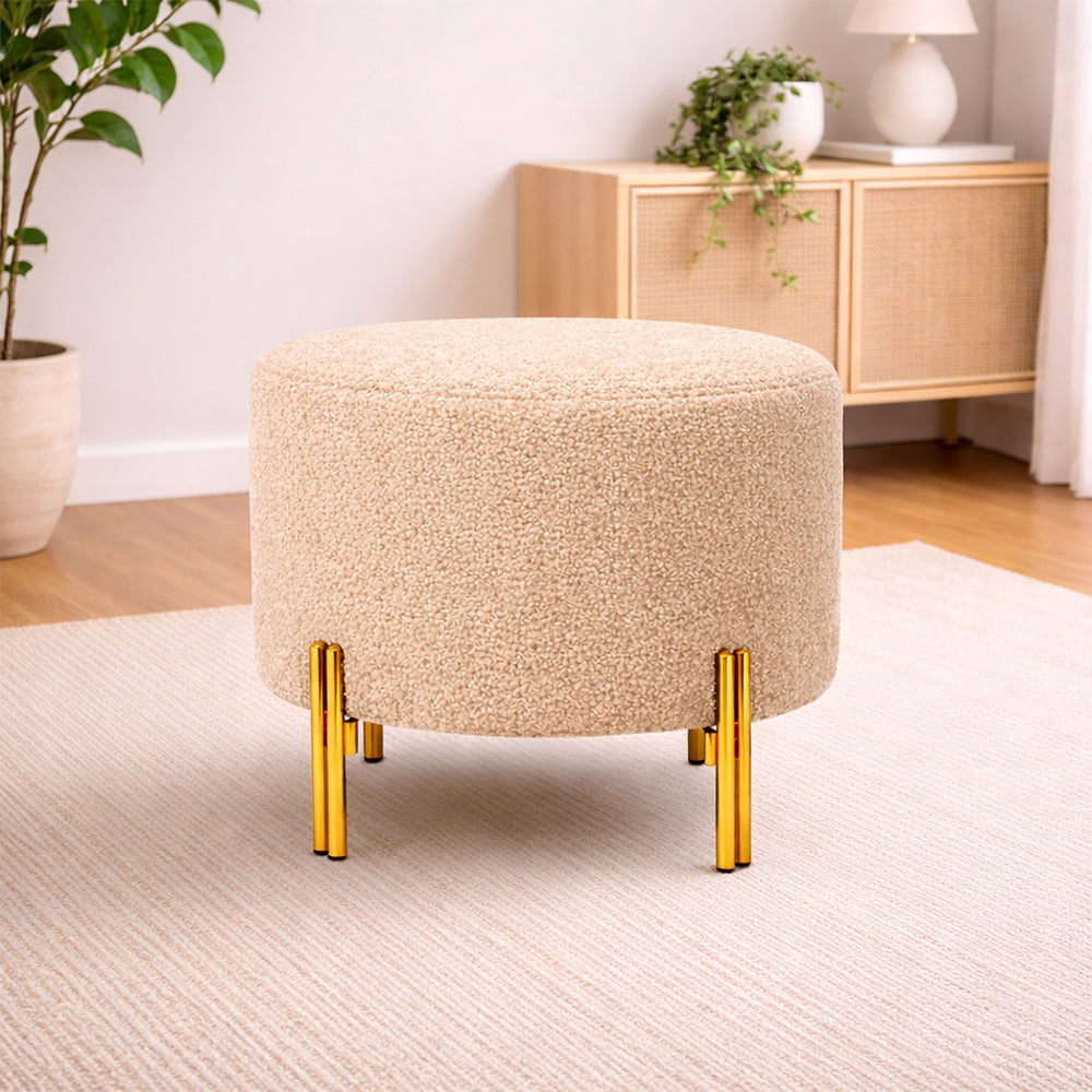 Noble Beige Bouclé Round Wooden Ottoman
