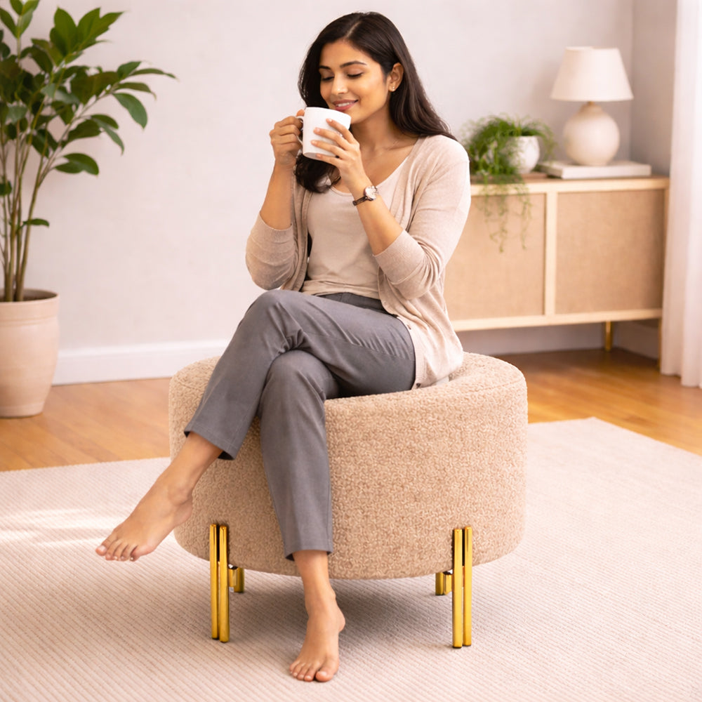 Noble Beige Bouclé Round Wooden Ottoman