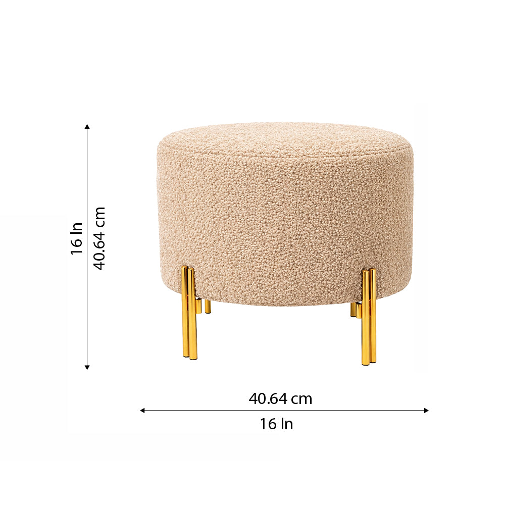 Noble Beige Bouclé Round Wooden Ottoman