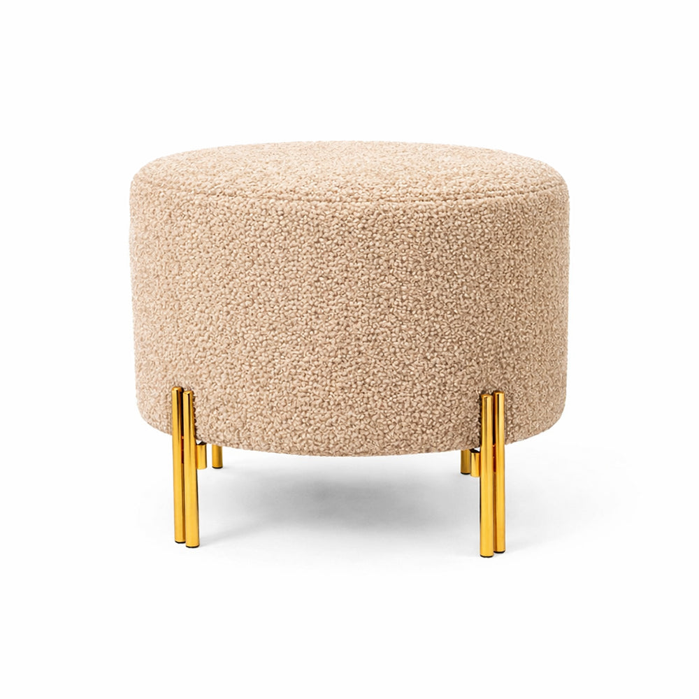 Noble Beige Bouclé Round Wooden Ottoman