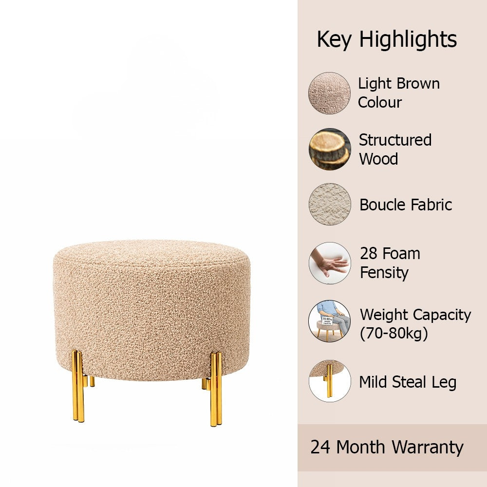 Noble Beige Bouclé Round Wooden Ottoman