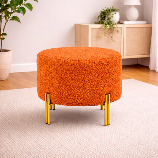 Noble Orange Bouclé Round Wooden Ottoman