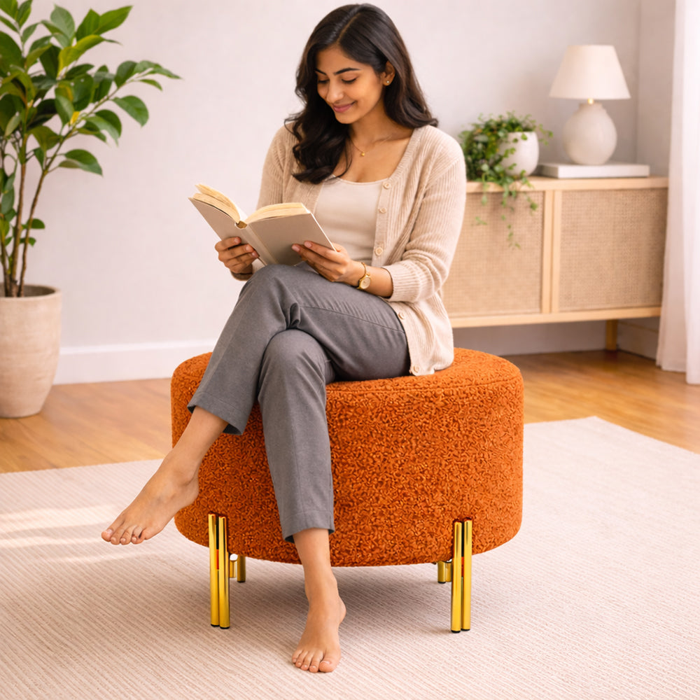 Noble Orange Bouclé Round Wooden Ottoman