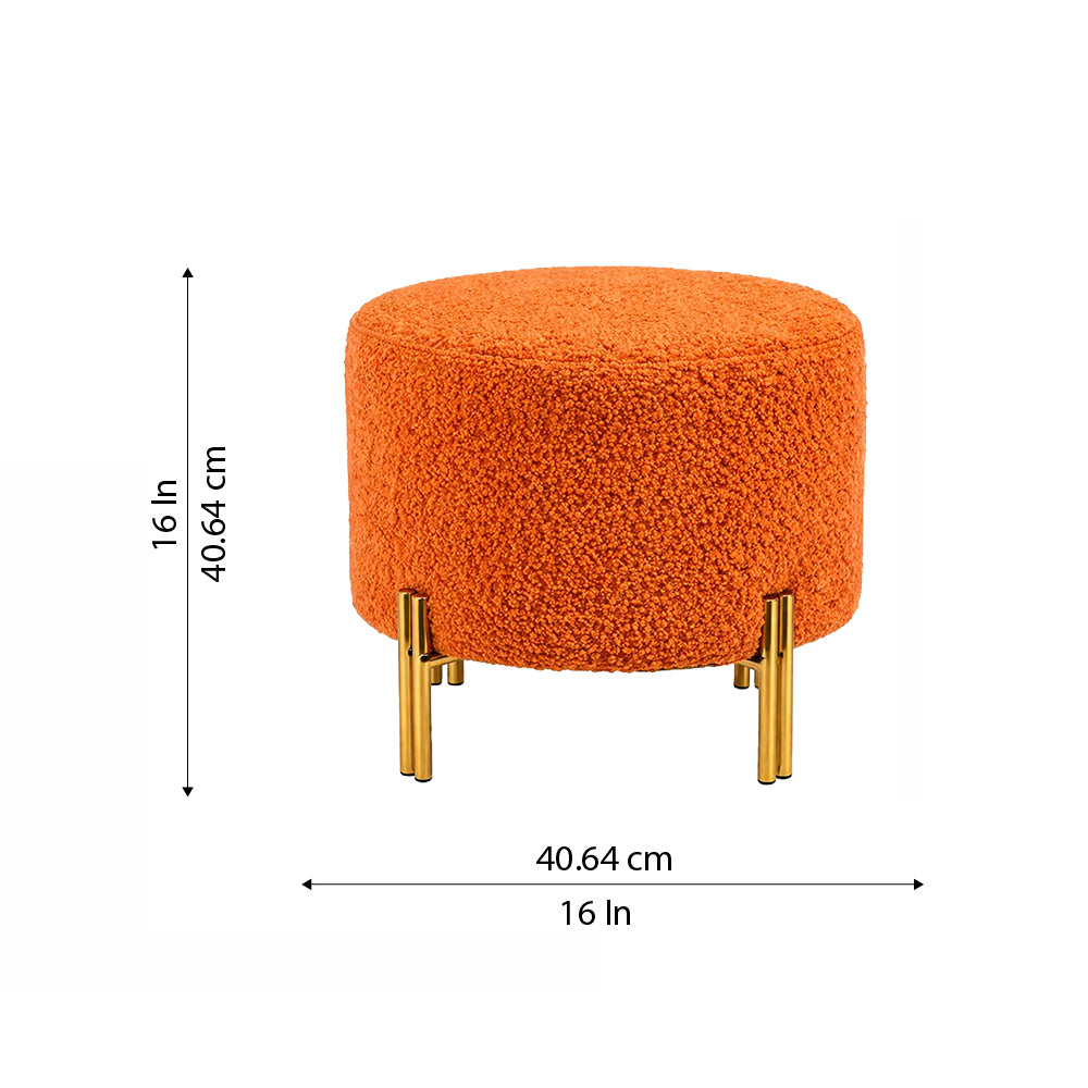 Noble Orange Bouclé Round Wooden Ottoman